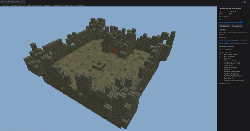 A castle ruin prefab in the 3D view with the sidebar on the right