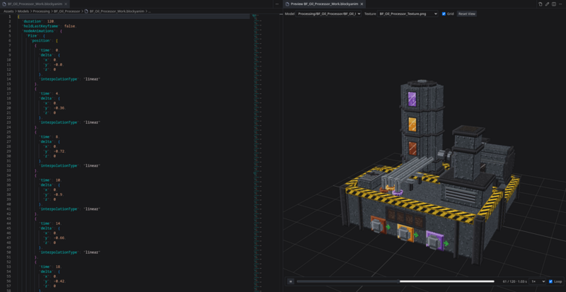 An animation playing on its model, with the timeline at the bottom